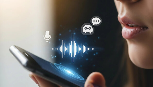 Futuristic concept of voice recognition technology, with a person speaking to a smartphone to control an AI virtual assistant
