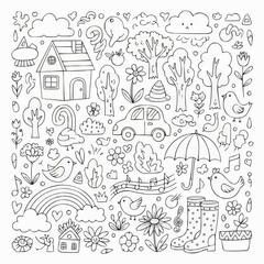 Cute doodle elements for spring and summer with a whimsical feel