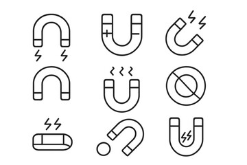 Magnet line icon set. Simple linear pictograms of magnets with editable stroke. Magnetic field, force, attraction, and polarity symbols. Vector cartoon illustration for science.