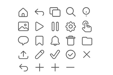 User interface linear icons set for web design and mobile apps. Minimalist vector symbols collection. Editable stroke pictograms: home, search, play, pause, settings, notification, delete.