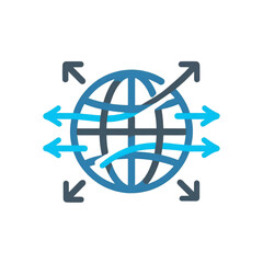 Stylized global network symbol with arrows, representing connectivity and technology advancements in a digital world.
