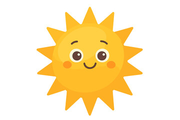 Cute sun character with a happy smiling face. Kawaii cartoon sun mascot for kids. Cheerful weather icon for summer design. Isolated vector illustration for easy use.