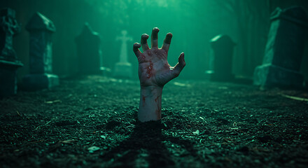 Zombie hand rising from the graveyard soil with eerie light
