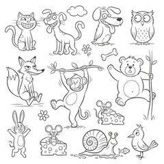 This delightful collection of hand-drawn cartoon animal outlines, perfect for children's coloring books, features a variety of cute creatures in playful poses.