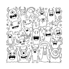A whimsical collection of cute, hand-drawn cartoon monsters with various expressions and features, perfect for playful designs and imaginative projects.