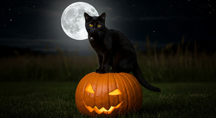 Fototapeta premium Black cat with glowing eyes sitting on pumpkin under moonlight 