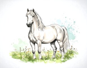 White horse in a field of flowers