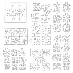 This charming collection of hand-drawn outline puzzle pieces, featuring various whimsical doodles and symbols, is perfect for illustrating concepts of problem-solving, connection, and creativity.