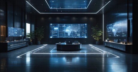 Modern control room. Dark interior, glowing screens display global data. Minimalist design, sleek furniture, futuristic aesthetic.