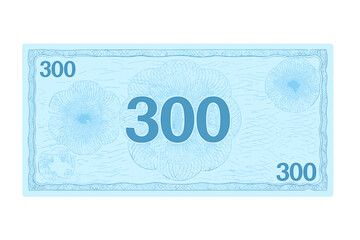 Voucher template banknote design with value of 300. Blue background with secure guilloche pattern, watermarks, and border. For a gift voucher, coupon, certificate, diploma.