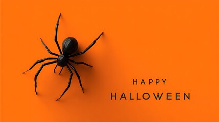 Halloween greeting card with Happy Halloween text spider crawling orange and black minimal vector