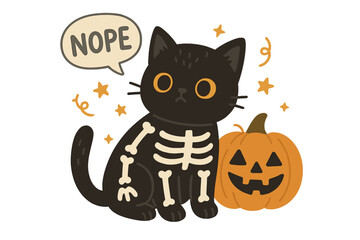 Funny black cat in skeleton costume for Halloween with jack-o'-lantern. Cute grumpy kitten with 'Nope' bubble. Sarcastic cartoon character for party. Hand drawn flat vector illustration.