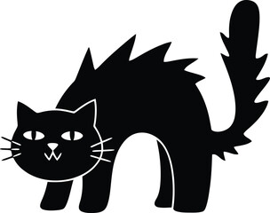 CAT, Flat vector illustration on a white background, An aggressive black cat with an arched back and tail. The silhouette is suitable for Halloween and prints.