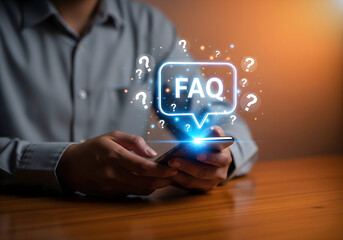 FAQ frequently asked questions concept. Woman holding smartphone with glowing FAQ icon above screen, symbolizing digital frequently asked questions for support, help, and information services. Q and A