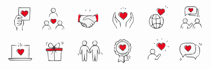 Collection of hand drawn icons representing love kindness and community