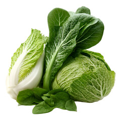 Fototapeta premium Fresh, vibrant leafy greens including cabbage and spinach stacked together, showcasing their rich textures and colors.