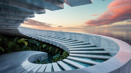 Modern spiral staircase in a surreal garden overlooking the sea