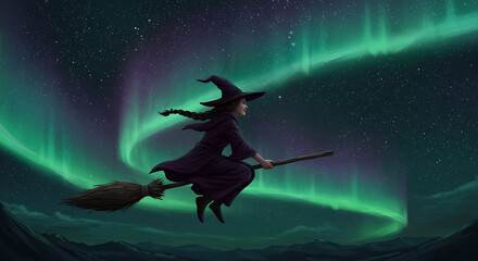 Fototapeta premium Witch flying on broomstick across the glowing night sky 