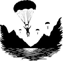 Parachutist Skydiver Landing Over Mountain Landscape Silhouette