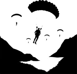 Parachutist Skydiver Landing Over Mountain Landscape Silhouette