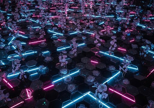 Luminous garden on hexagonal tiles with floral accents and vibrant lines - Powered by Adobe