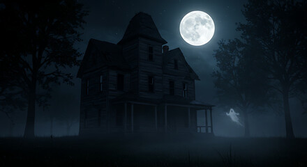 Spooky haunted house glowing under full moon night
