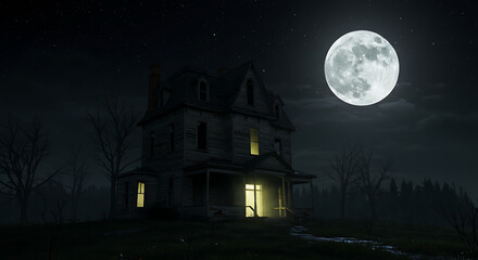 Spooky haunted house glowing under full moon night
