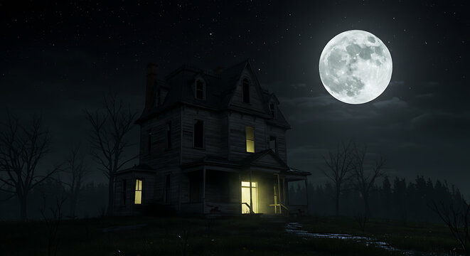 Spooky haunted house glowing under full moon night
