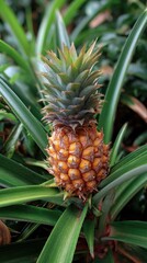 Small pineapple fruit with spiky leaves, close-up shot
