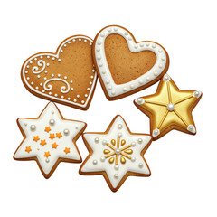 Festive decorated christmas cookies including hearts and stars in festive holiday shapes isolated on transparent background