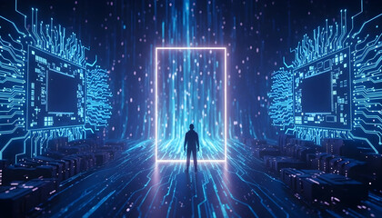 A solitary figure stands before a glowing portal, surrounded by a vast digital landscape. 