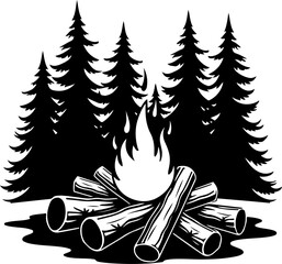 Campfire and Pine Forest Silhouette Vector