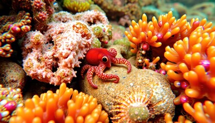 Obraz premium Red Octopus in Coral Reef