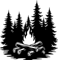 Campfire and Pine Forest Silhouette Vector