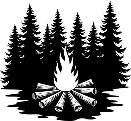 Campfire and Pine Forest Silhouette Vector