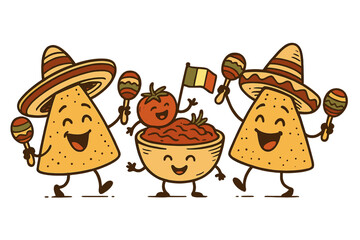 Funny nacho characters in sombreros with maracas. Cute cartoon tomato and salsa bowl at a Mexican food party. Retro vector illustration for Cinco de Mayo or fiesta concept.
