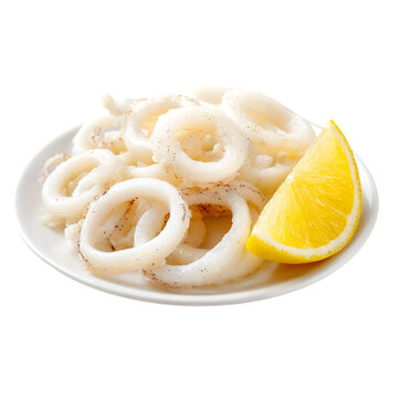 Delicious shrimp rings served with a slice of lemon on a white plate, perfect for appetizers or seafood platters.