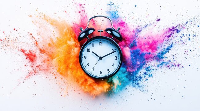 Black alarm clock surrounded by vibrant colorful powder explosion