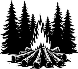 Campfire and Pine Forest Silhouette Vector