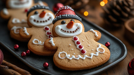 Obraz premium Snowman cookies with hats and red buttons on dark plate, surrounded by pine cones and red beads, cozy warm holiday composition