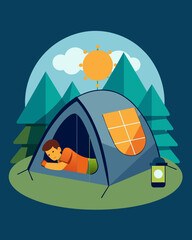 A solo camper sleeping soundly in their tent knowing their solar panelequipped tent will fully recharge their headlamp for another night of wilderness exploration.. Vector illustration