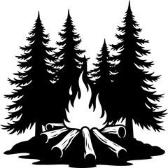 Campfire and Pine Forest Silhouette Vector