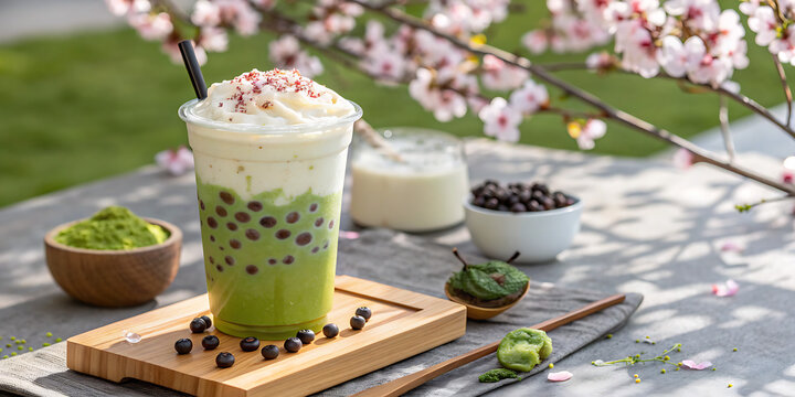 A refreshing matcha bubble tea with whipped cream and toppings, served outdoors with cherry blossoms in the background and ingredients like matcha powder and boba pearls visible