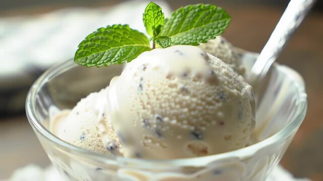 Creamy dessert scoops in glass with mint sprig and spoon close-up.