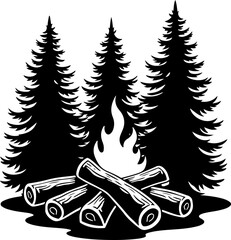 Campfire and Pine Forest Silhouette Vector