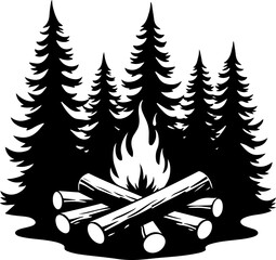 Campfire and Pine Forest Silhouette Vector