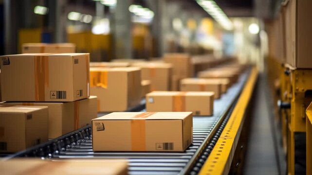 A dynamic video still of a conveyor belt with boxes in a warehouse. Low-angle shot emphasizes the depth and motion of the packaging process.