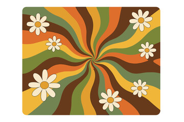 Retro groovy background with daisy flowers. 70s hippie aesthetic with wavy swirl sunburst rays. Psychedelic vintage vector pattern for wallpaper. Abstract cartoon illustration.