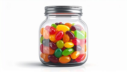 A realistic glass jar filled with colorful jelly beans, transparent lid and reflections visible isolated on white background