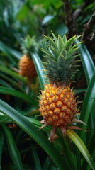 Fototapeta premium Two small pineapples growing with green spiky leaves. One focused